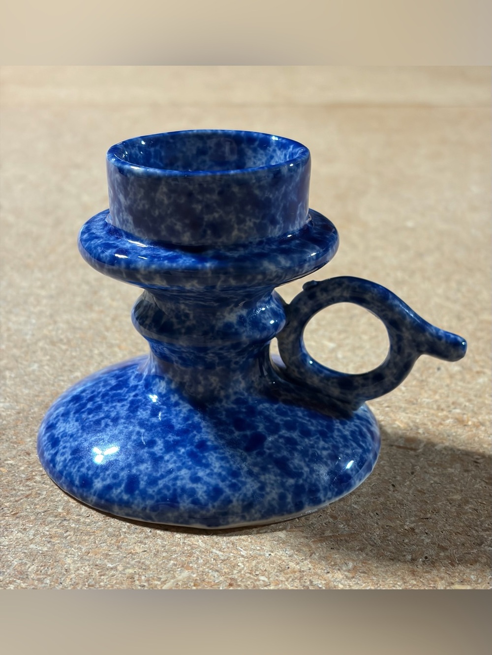 Enesco Blue Speckled Spongeware Pottery Candlestick Candle Holder Cottage Decor